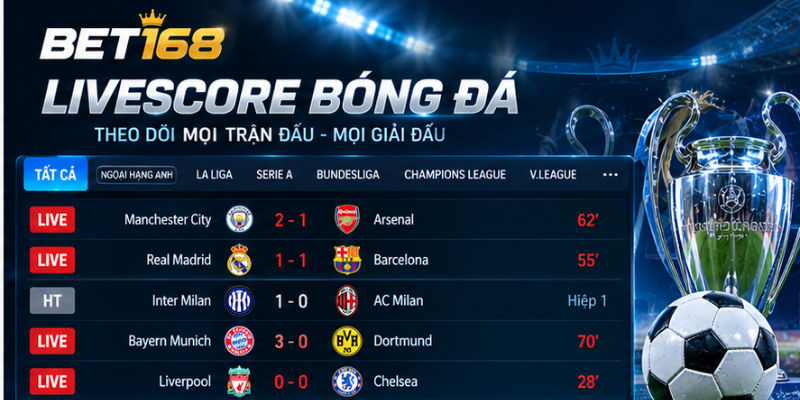 Livescore BET168 theo dõi tỷ số bóng đá hôm nay